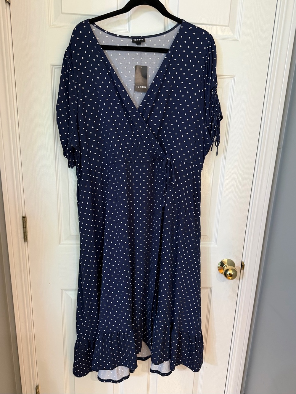 Torrid Navy Blue Polka Dot Faux-Wrap Dress